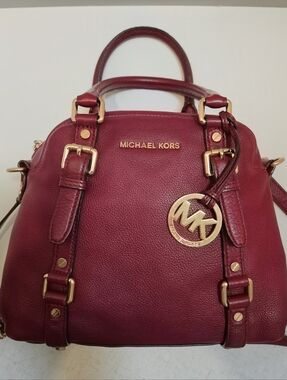 Authentic MICHAEL KORS Mercer Large Satchel Bag Burgundy Pebbled Leather Gold -